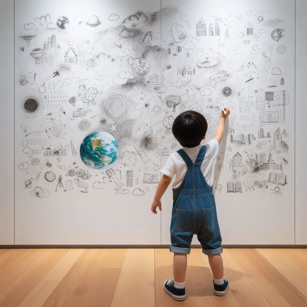 An Asian kid drawing on a large white wall, with the wall and art being the focus, and the wall having the functions of a white board (1)